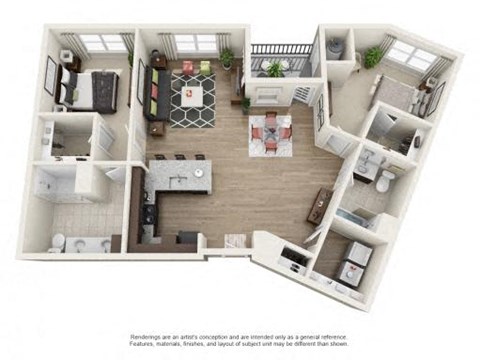 Floor plan for 2 beds, 2 baths, 1243 sqft